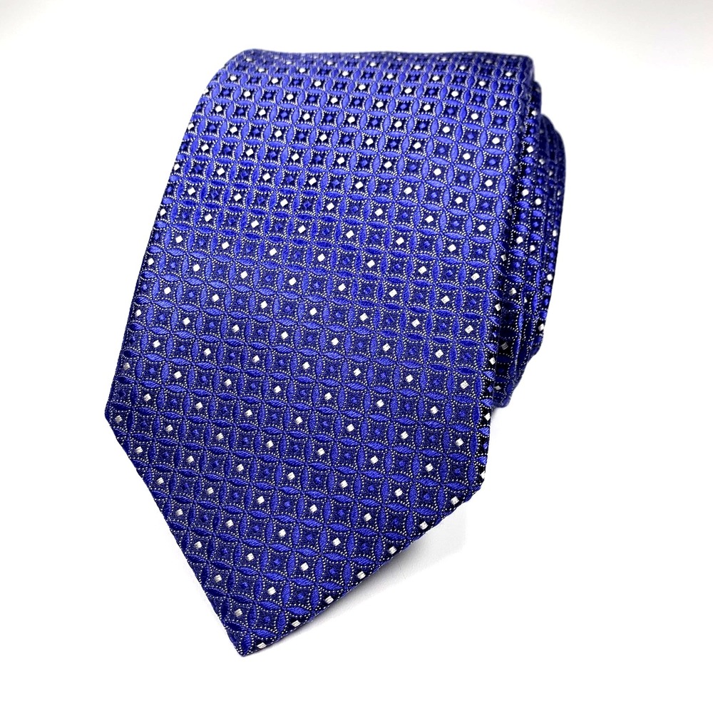 Canali 1934 Luxury Mens Tie Blue w/ White-Black Geometric Design Repp 100% Silk